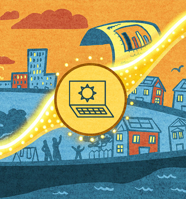 Solar energy flowing through a digital dashboard with community and cityscape in the distance