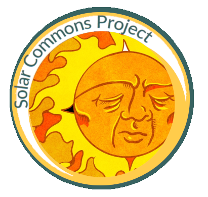 circular yellow and orange logo of the face of the painted sun inside of curved text that says Solar Commons Project in green
